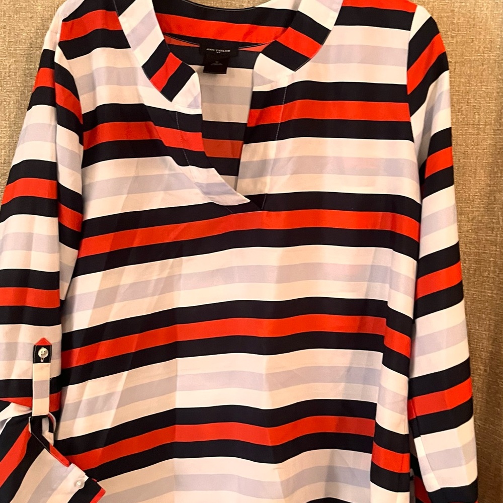 Ann Taylor red white and navy blue stripes Cuffed Sleeve Blouse
